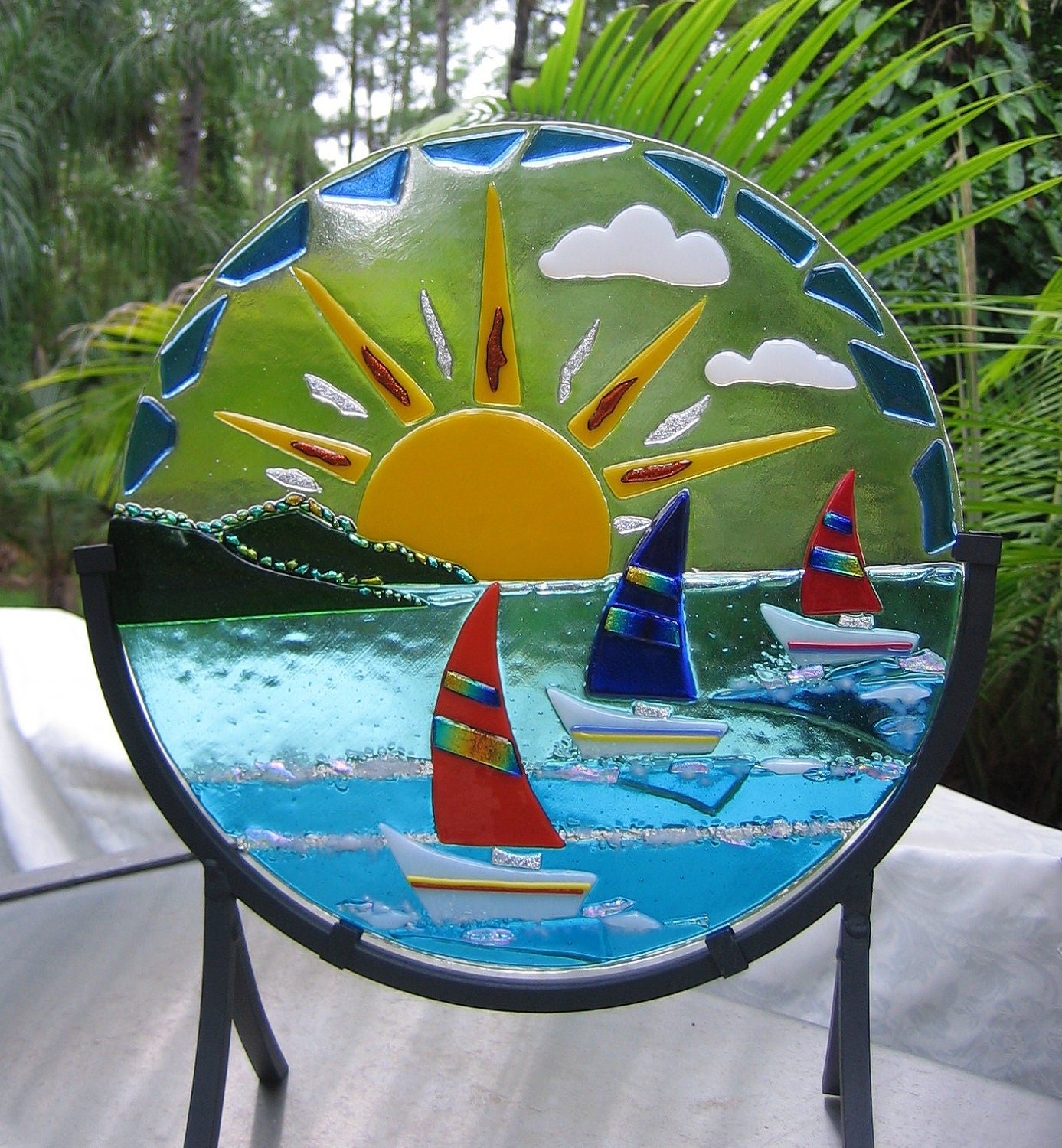 RAINBOW PASS - fused glass stained glass design tropical sailboat scene with bright yellow sunshine and out islands