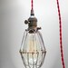 Industrial BRASS PATINA Cage Light - Edison Pendant Light Fixture, 12' Red Twisted Cord, Plug-in