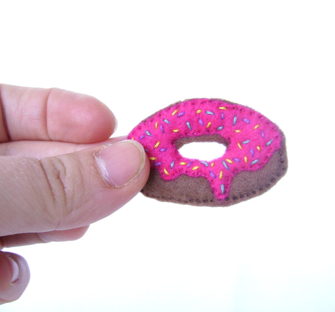 Felt Donut Brooch with Pink Frosting and Rainbow Sprinkles
