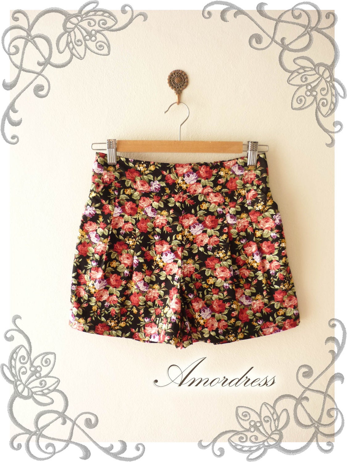 Vintage Girl I...Short Pants Amor Vintage Inspired Shabby Chic Red Purple Rose Black -Size S-M- 13.5" Short Length