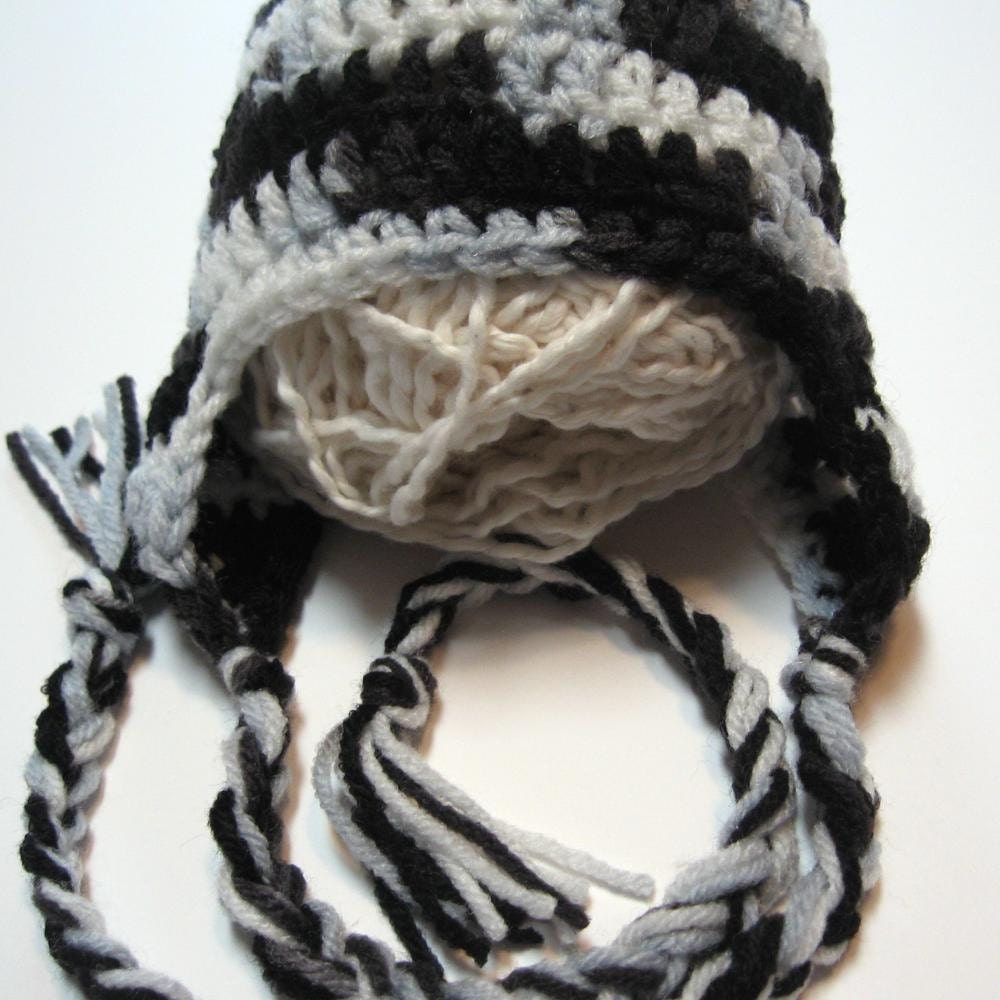 Newborn crochet ear flap hat. Shades of black and grey. Ready to ship. Photo prop.