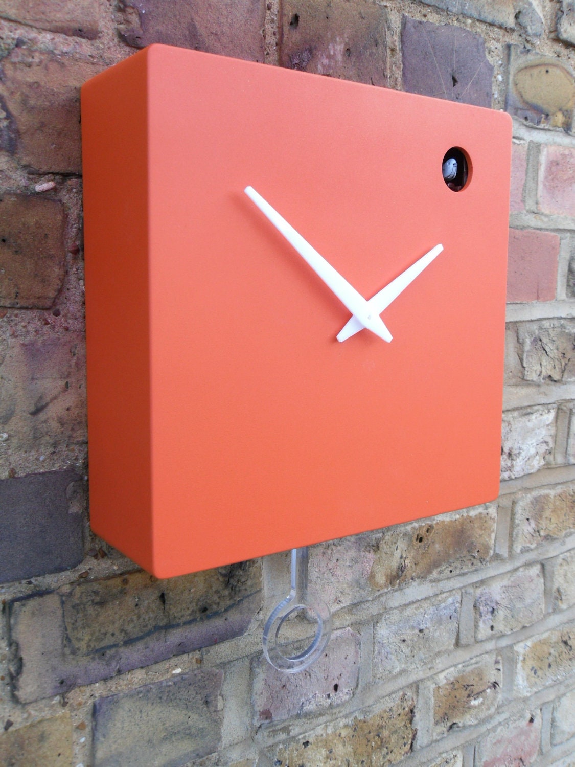 Modern orange cuckoo clock with moving bird & pendulum RESERVED