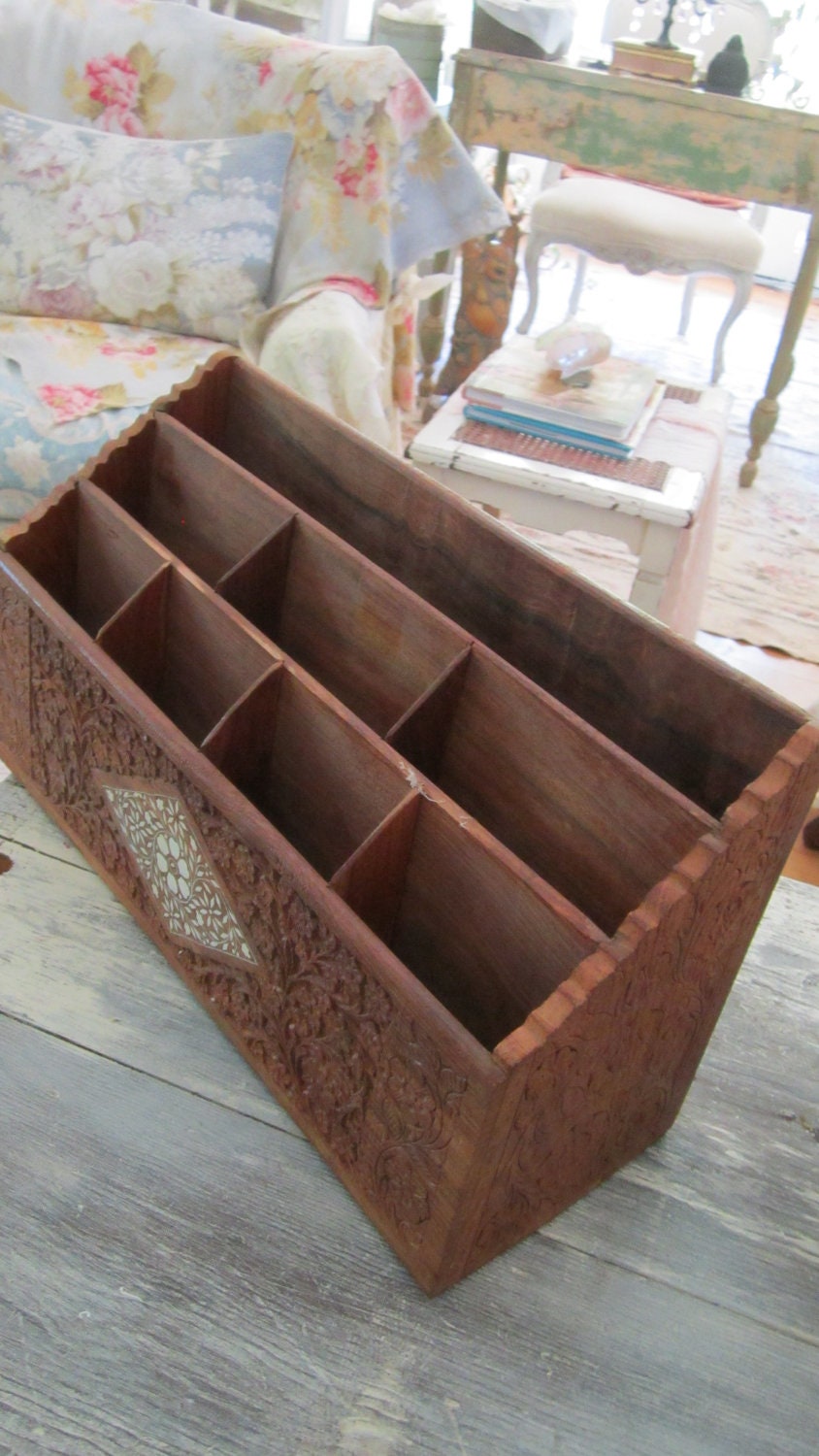 vintage letter book holder teak carved wood ornate bohemian prairie beautiful
