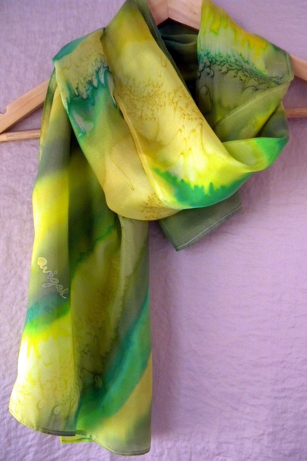 Hand painted Habotai 8 mm silk scarf. Size: 55" x 16" (139 cm x 40.6 cm)