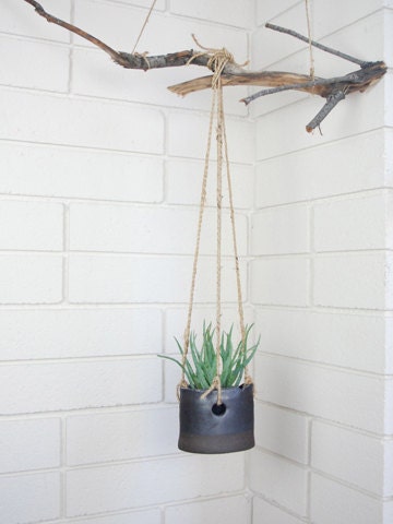 black hanging pot with matte glaze