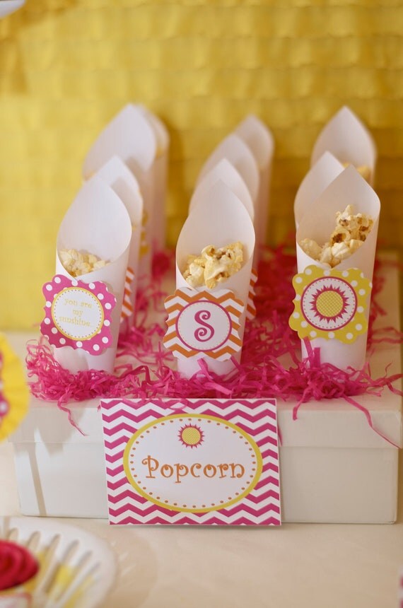 You Are My Sunshine Birthday Cupcake Toppers - PRINTABLE Party Logos - Pink Orange and Yellow - Chevron Il_570xn