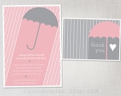 Printable Bridal Shower Umbrella and Rain Invitation and Card in Light Pink and Grey/Gray
