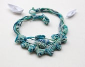Knitted necklace with bamboo beads, blue turquoise mint aqua, OOAK