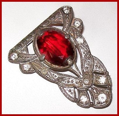 Victorian Red Rhinestone Brooch Pin Signed Clover Logo C Clasp Pot Metal Vintage1 3/4" VG