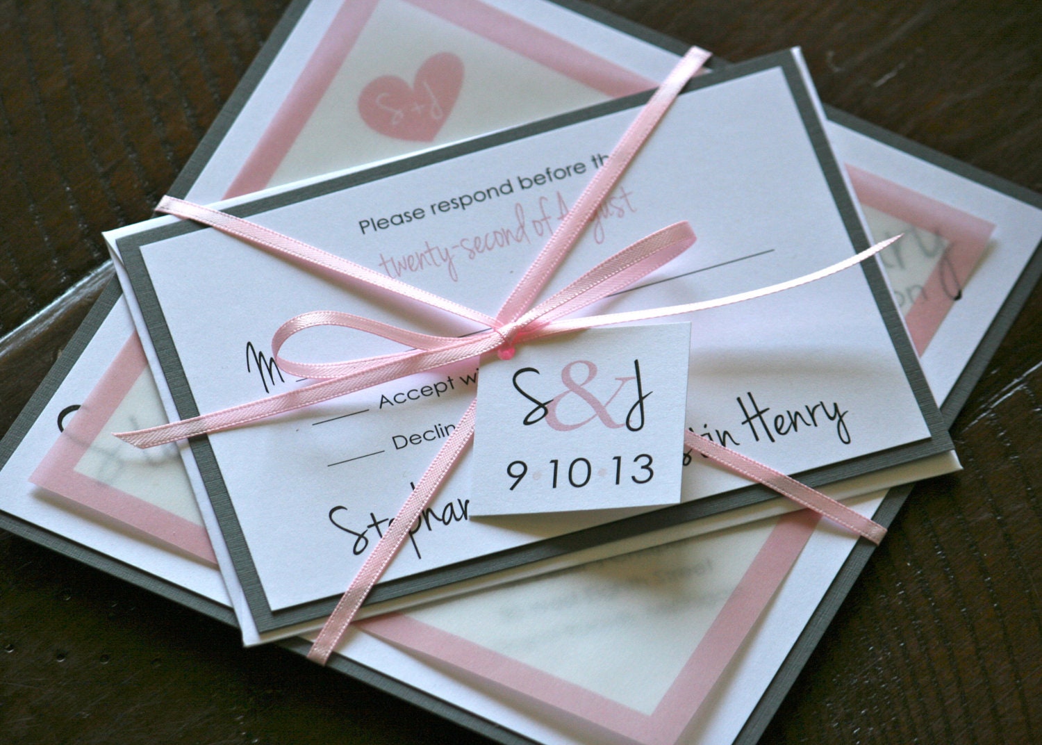 Custom Layered Square Heart with Initials Wedding Invitation Suite Wedding Card Wedding Invite with Ribbon and Tag DEPOSIT