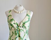 Vintage Maxi Dress- Low cut cream and green evening dress (medium-large size) // "Almira Dress" from Lesley's Girls Vintage