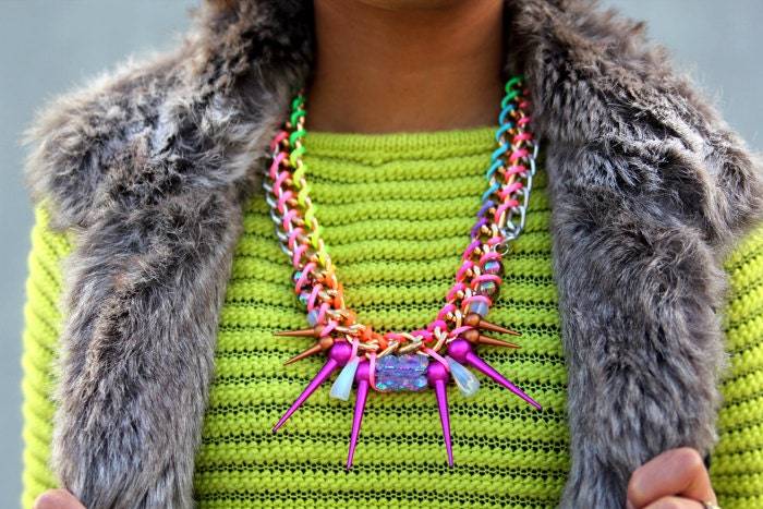 NeonMermaid,  neon statement necklace bib, rainbow spikes moonstone and iridescent beads, mermaid style, OOAK