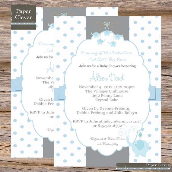 Boys baby shower invitation elephant, blue, gray - digital file, printable #130 Il_570xn