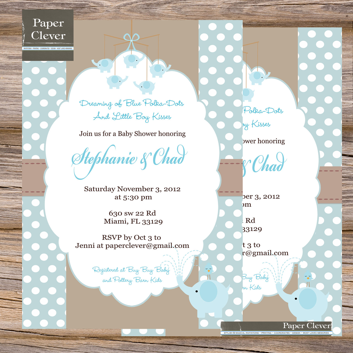 Boys Baby Shower invitation Blue amp; Taupe Elephant by paperclever