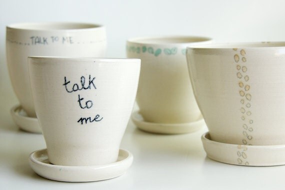 White Planter and Saucer, Message, Comics, Bubble Speech, Pottery by RossLab
