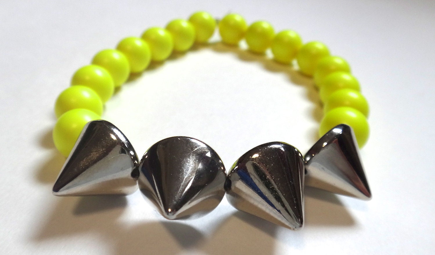 Neon Yellow Beaded Bracelet with Silver Spikes