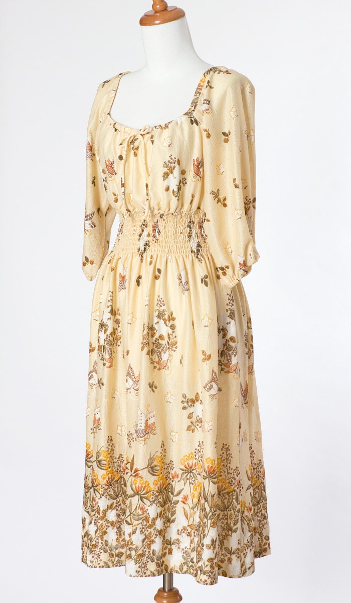 80s Vintage Dress Floral Print Neutral Moths Small Medium
