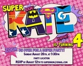 Personalized Super Girl Birthday Party Invitation- Digital File