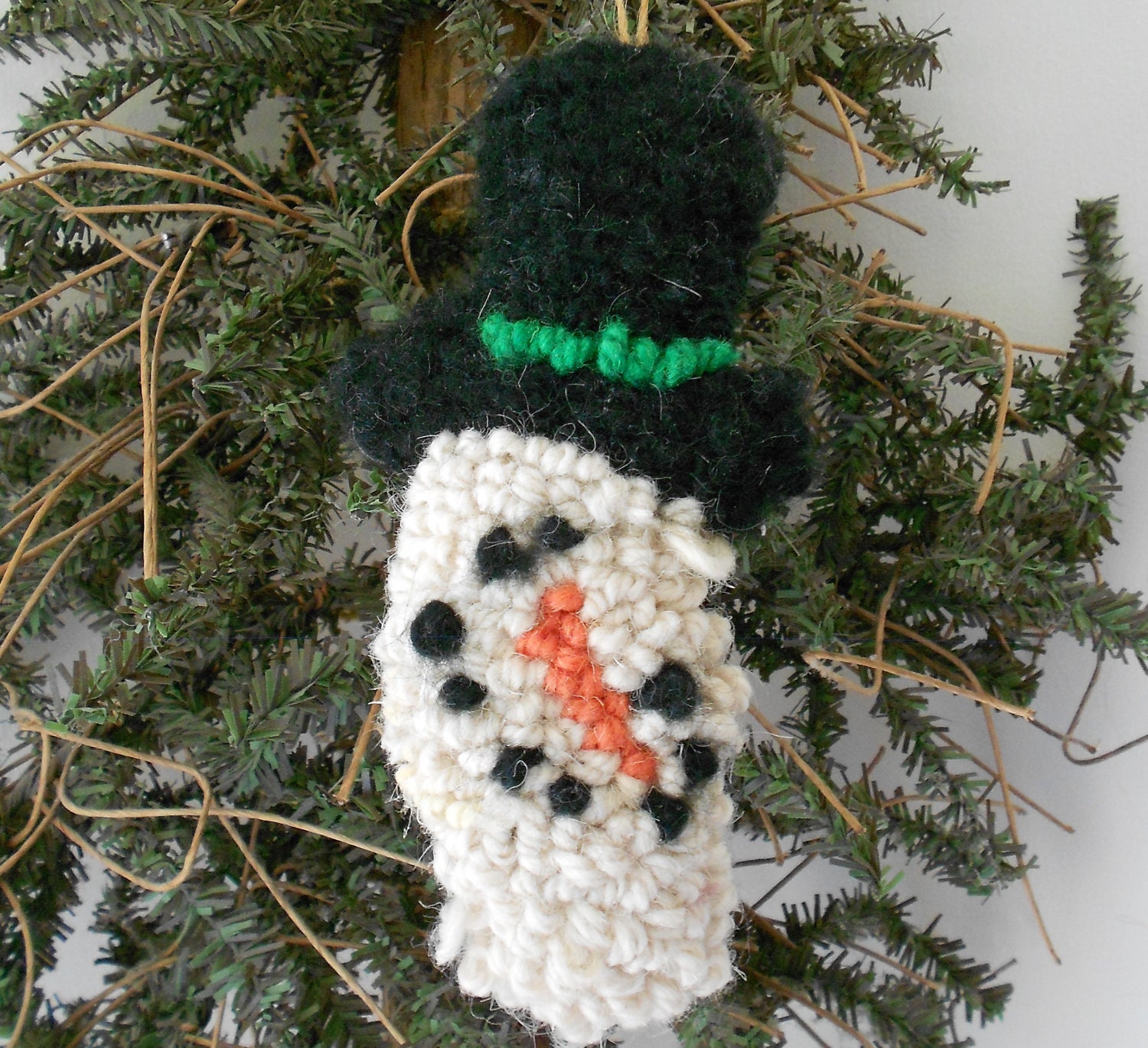 Hooked Wool Snowman Christmas Tree Ornament Rustic Primitive Folkart Winter Holidays Decoration