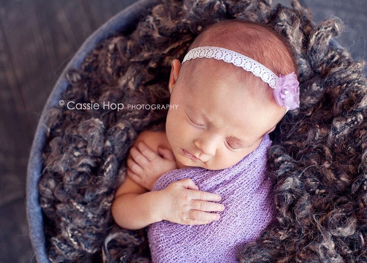 Sweet Purple Flower on Lace Tie Back Headband Photography Prop Newborn or Baby
