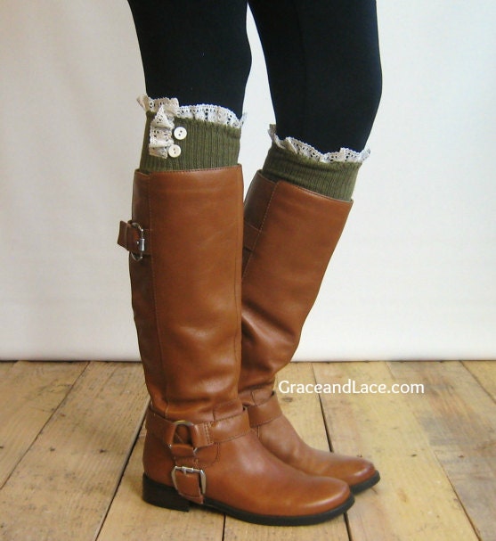SALE SALE The Milly Lace - Army Green cable-knit Boot Socks with ivory knit lace trim & buttons - lace socks (item no. 5-24)