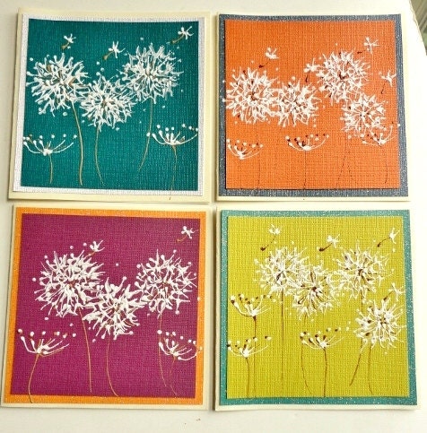 Hand Painted Dandelion Art Greeting Cards, Original Boho Indie, Blank Set of 4, Pantone Chartreuse Tangerine Blue Ooak