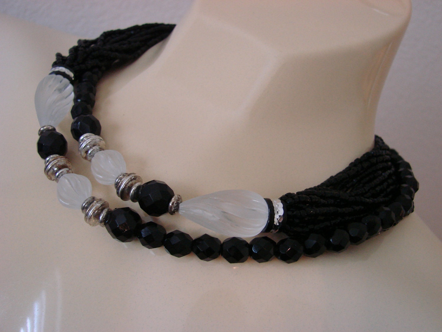 Reserved for Karen Dauplaise Multi-Strand French Jet Black Glass & Frosted Bead Necklace