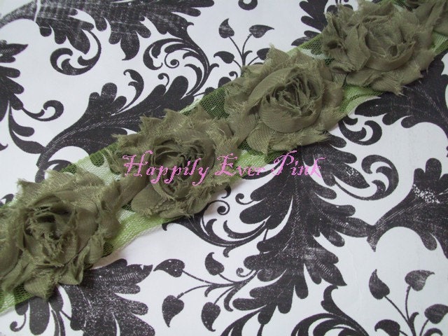 NEW, 1 yd, Sage, Shabby Flower Trim, Chiffon Rosettes, Fall,Halloween, Seasonal, Headband Flower