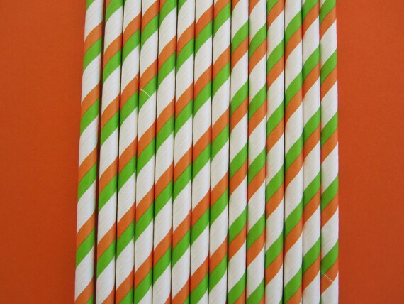 25 Orange and Lime Green Double Striped Paper Straws Il_570xn