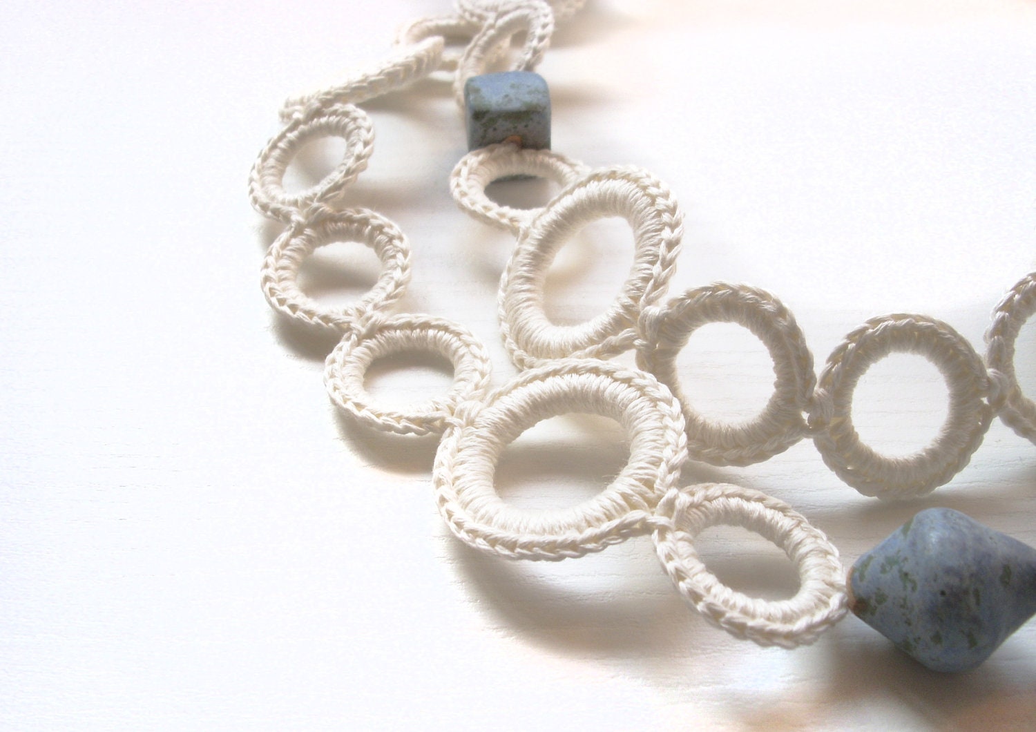 White necklace silk-linen crochet with dusk blue ceramic beads