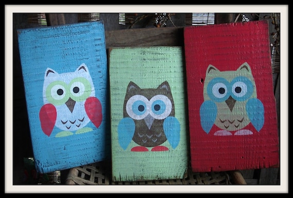 Rustic HOOT OWL trio of hand painted, barn wood sign's. Nursery, Shower gift, Turquoise blue, Lime green, Strawberry Red, Brown.