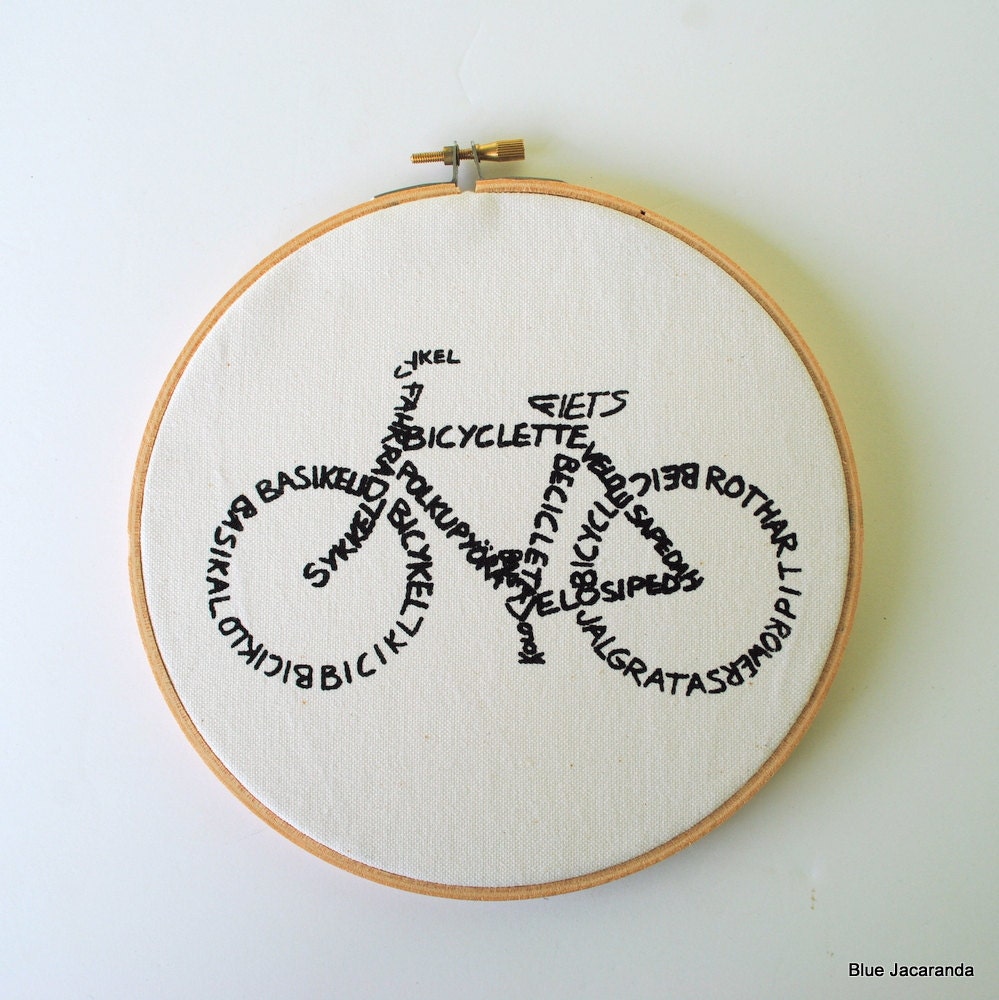 Bicycle Word Art - Screen Print Black on White - Stretched in Hoop