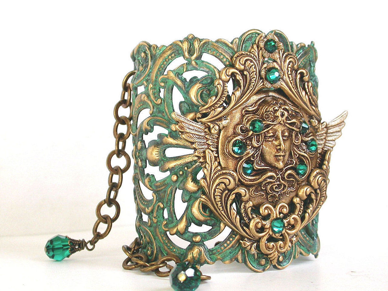 Flying Medusa on Victorian Lace Oversized Cuff Bracelet - Verdigris Patina on Brass