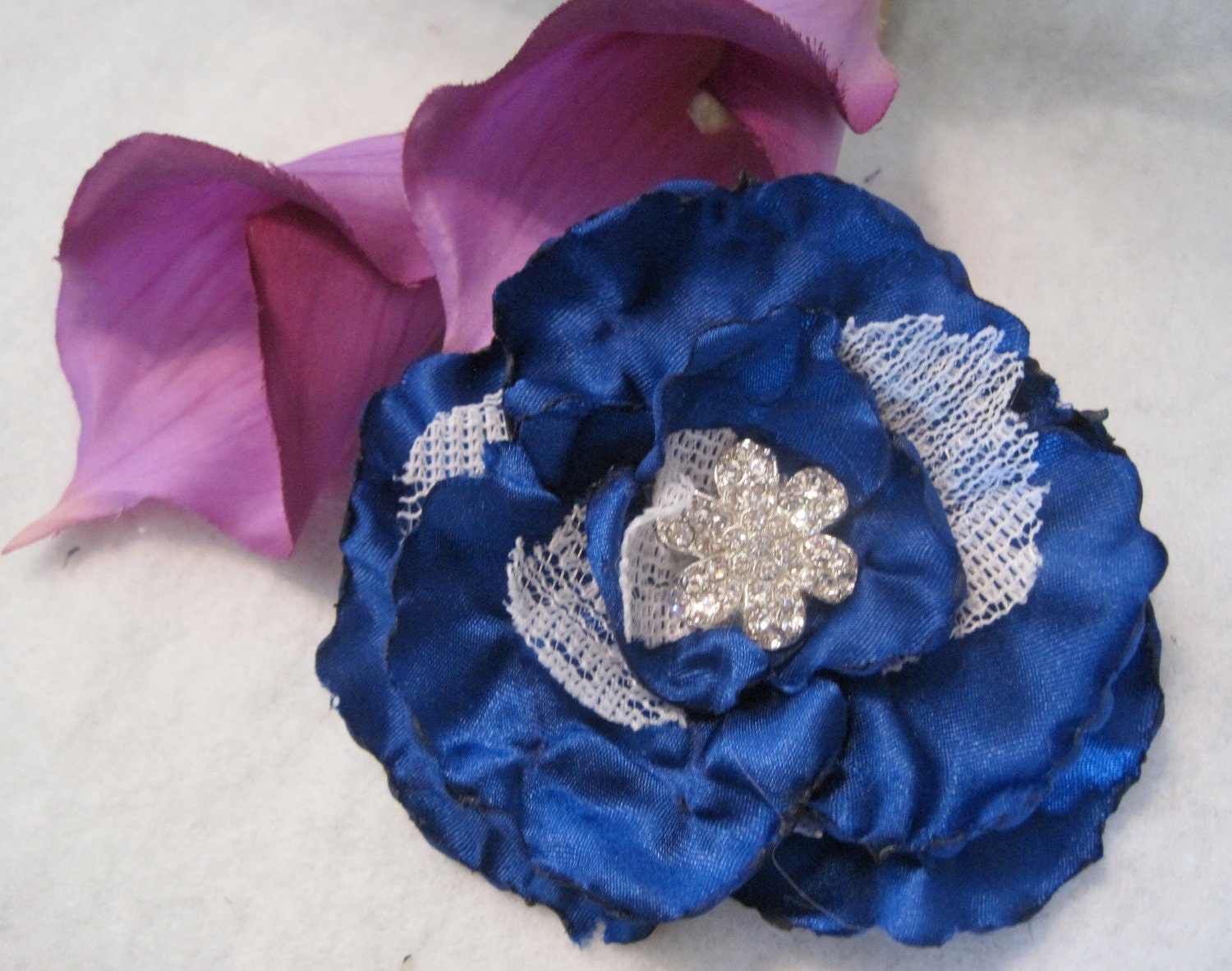Cobalt Blue Satin with Lace FLOWER PIN/Brooch Hair Clip with Rhinestone Flower Accent