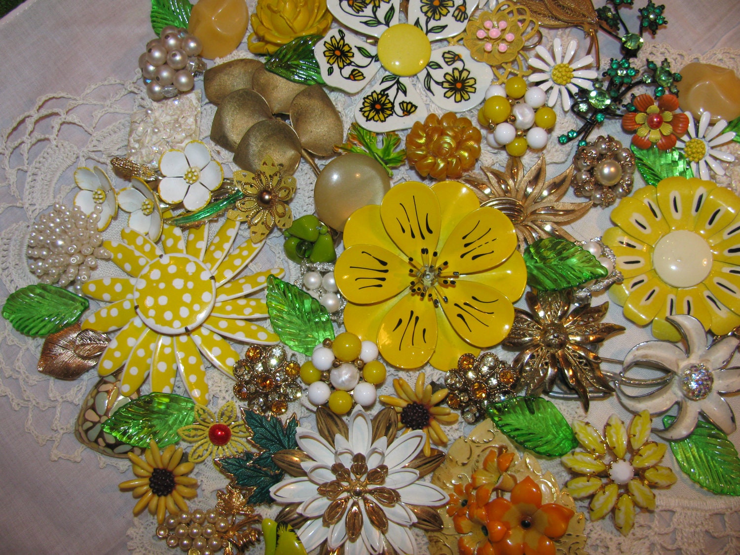 Yellows-Whites-Rhinestones Beautiful Jewelry For Making A Bridal Bouquet Enamel Flowers and More