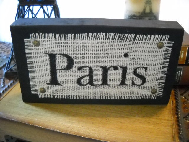 Burlap Sign Wooden Block Paris