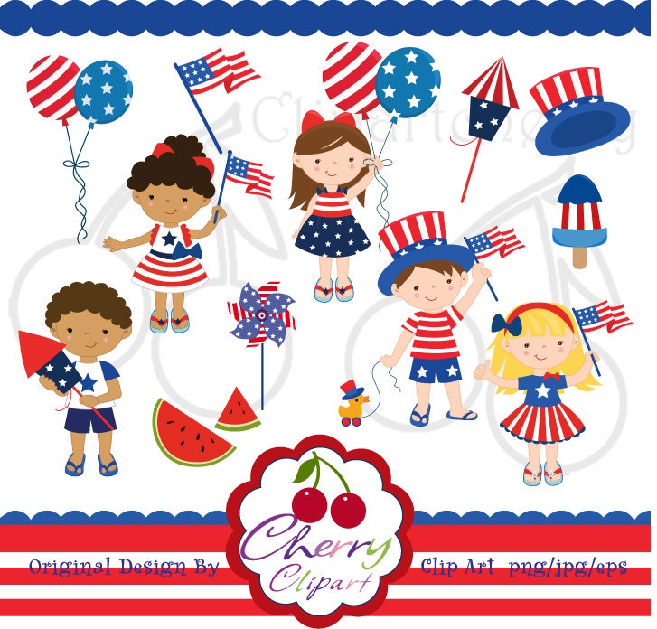 Independence Day Happy Kids Digital Clipart Set for-Personal and Commercial Use-Card Design, Scrapbooking, and Web Design