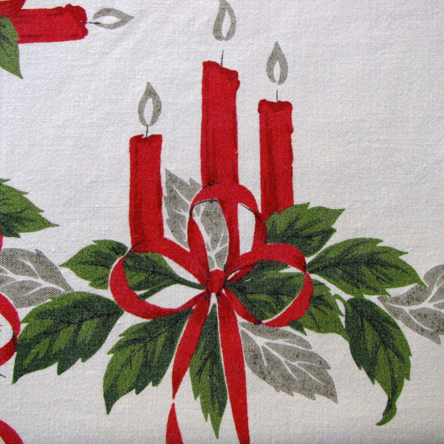 Vintage Christmas Tablecloth Linen Candles Ornaments Holly Green Red White