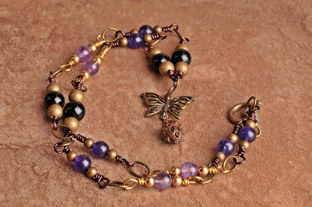 Copper and Brass Wire Link Necklace with Amethyst, Black Jasper, Brass Beads