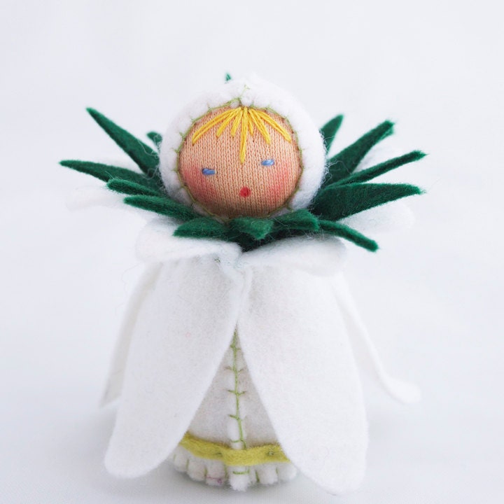 Holiday Ornament Felt Doll - White & Green Christmas Snowdrop Flower Decoration