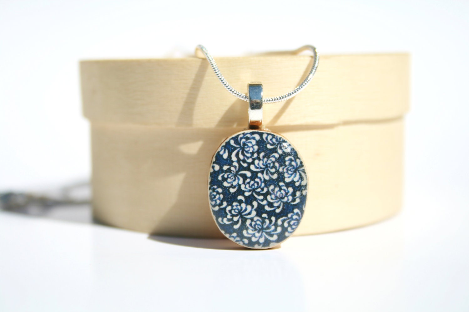 Flower Pendant necklace fall jewelry navy floral boho delicate jewelry circle pendant eco friendly jewelry