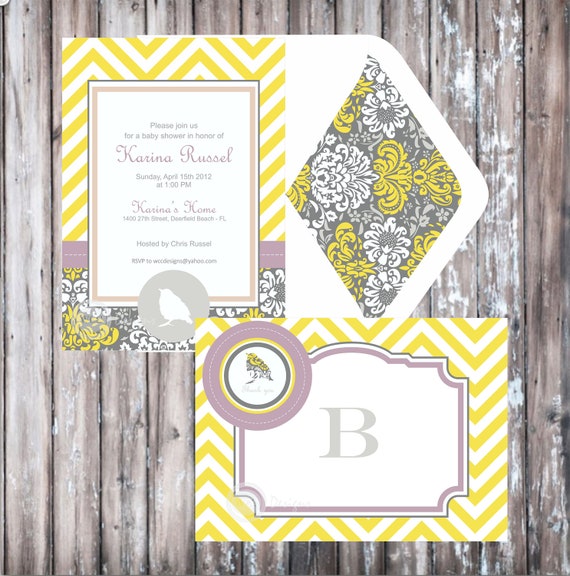 LITTLE BIRD Baby Shower or Birthday Party Invitation - Yellow and Gray Invitation Il_570xn