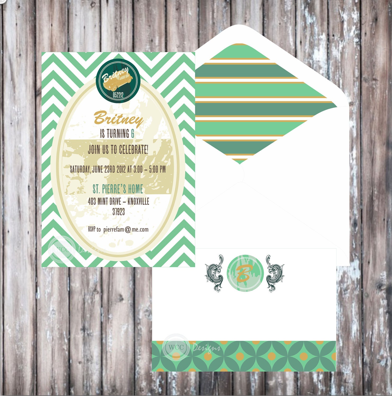 VINTAGE VW BUG Car Invitation - Bug Car Invitation - Mint Invitation - Birthday Party or Baby Shower Invitation Il_570xn