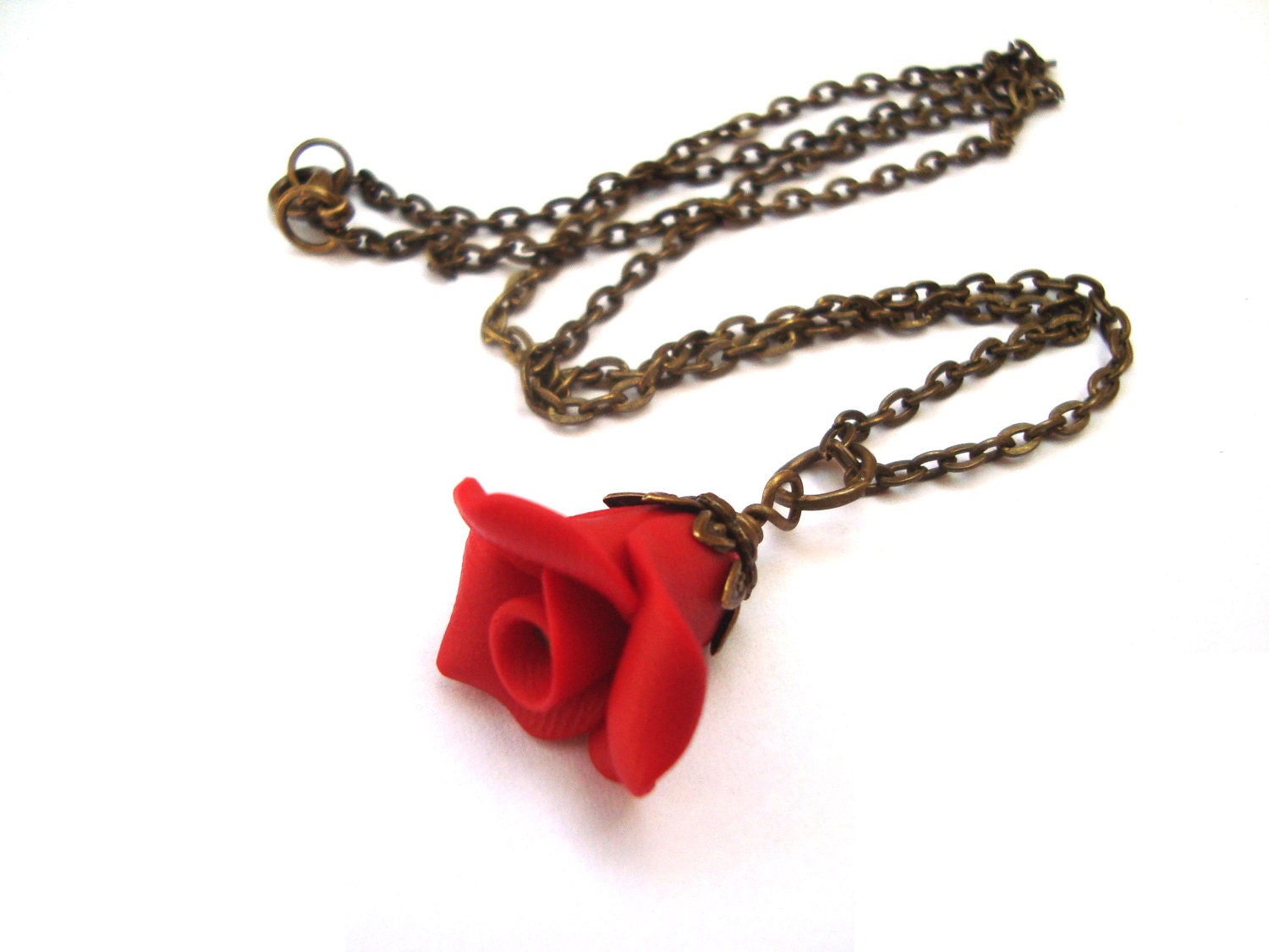 Vintage Inspired Polymer Clay Red Rose Necklace. Red Flower Pendant Necklace. Red Jewelry. Flower Jewelry