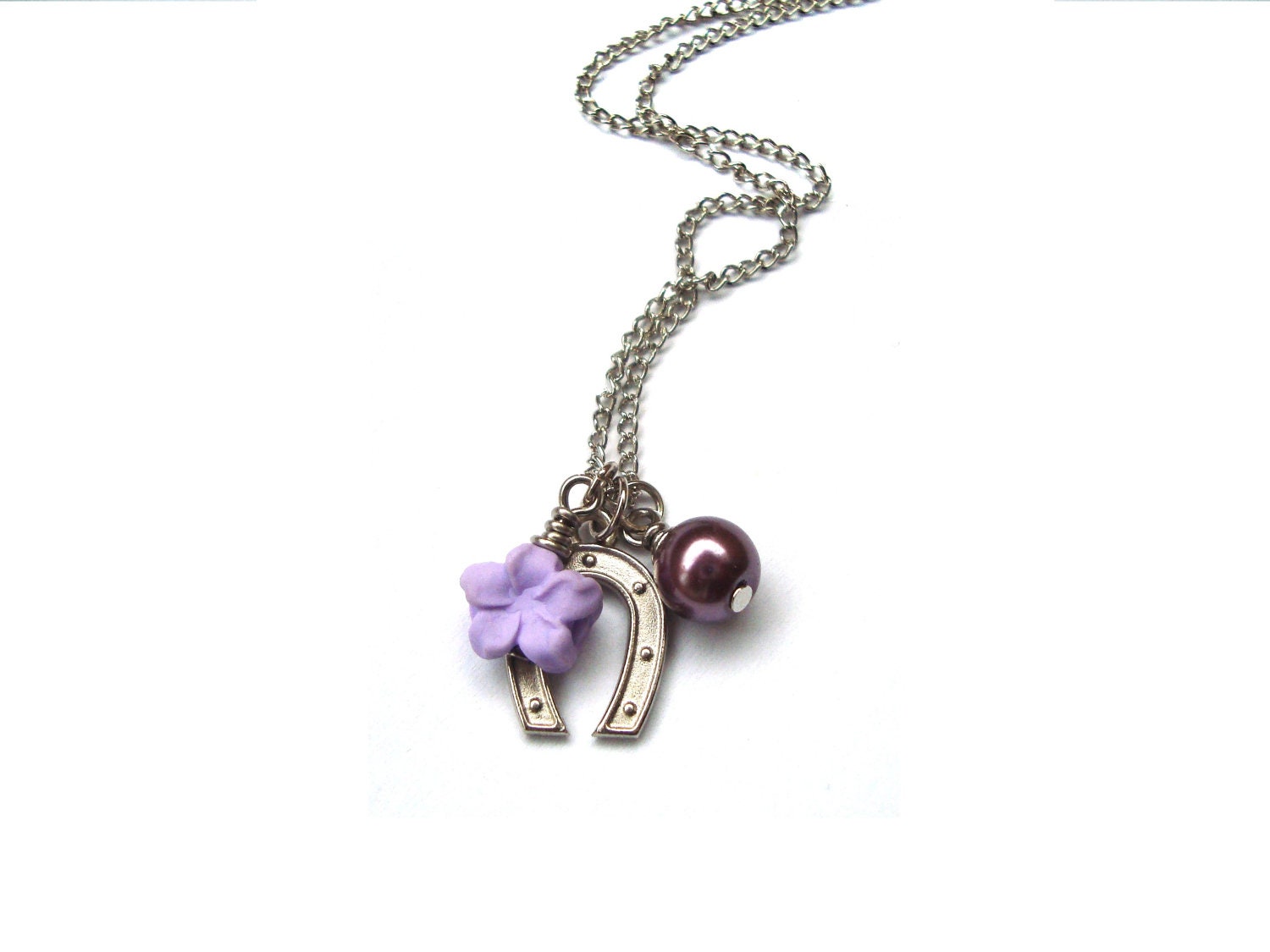 Horseshoe Necklace. Lucky Necklace Polymer Clay Lilac Petite Flower Necklace. Purple Glass Pearl. Charm Necklace. Friendship Bridesmaid Gif