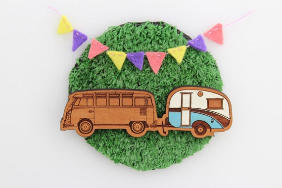 Wood laser cut brooch Cosy vintage Caravan and Kombi combo Hand painted blue and white