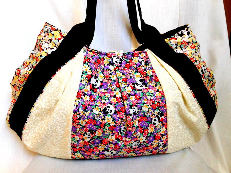 Panda Floral Bag Fabric Purse Medium Handbag Pleated Bag Kawaii Floral Panda Cotton Fabric Multi Color Yellow In Stock