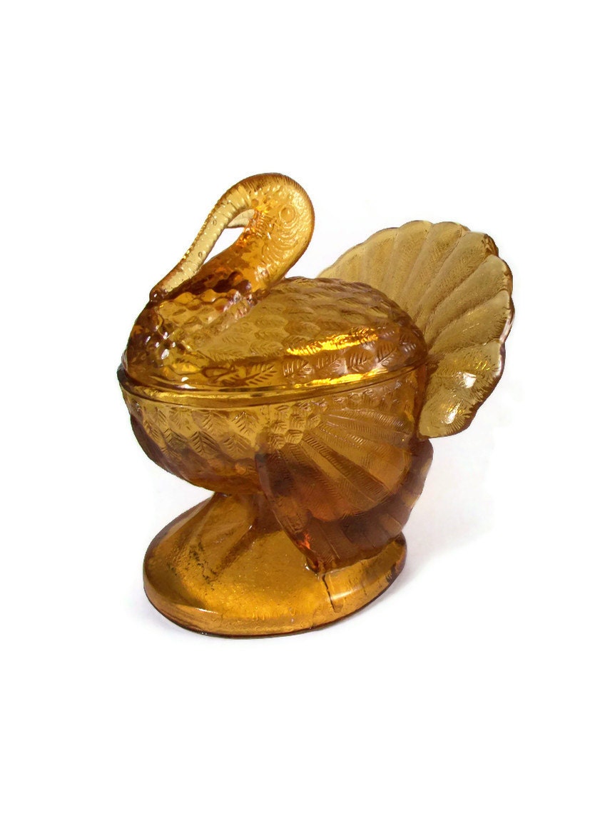 Amber Glass Turkey Candy Dish Covered Bowl Thanksgiving