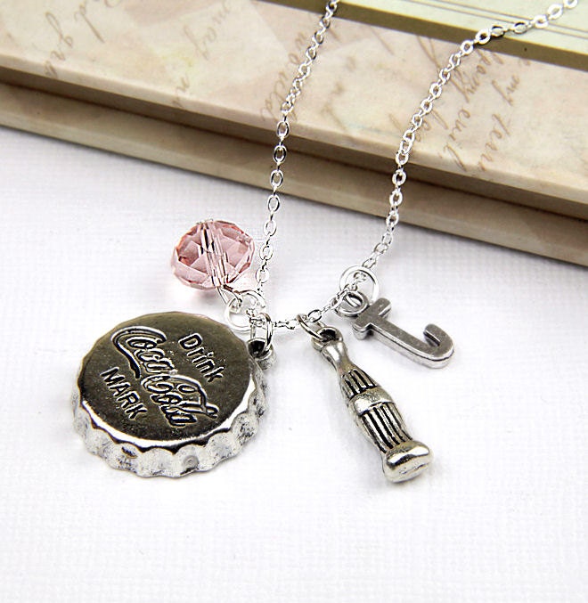 Personalized Coca Cola Necklace with Your Initial and Birthstone