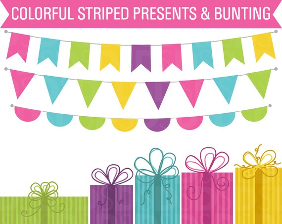 Clip Art Birthday Party Presents and Bunting Flags Commercial and Personal Use Clipart Scrapbook Instant Download Il_570xn